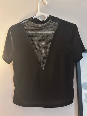 SHEIN Black Short Sleeve Top with Sparkle Mesh Panel